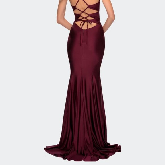 La Femme Dark Berry Strappy Back Knotted Detail Gown - Picture 2 of 5